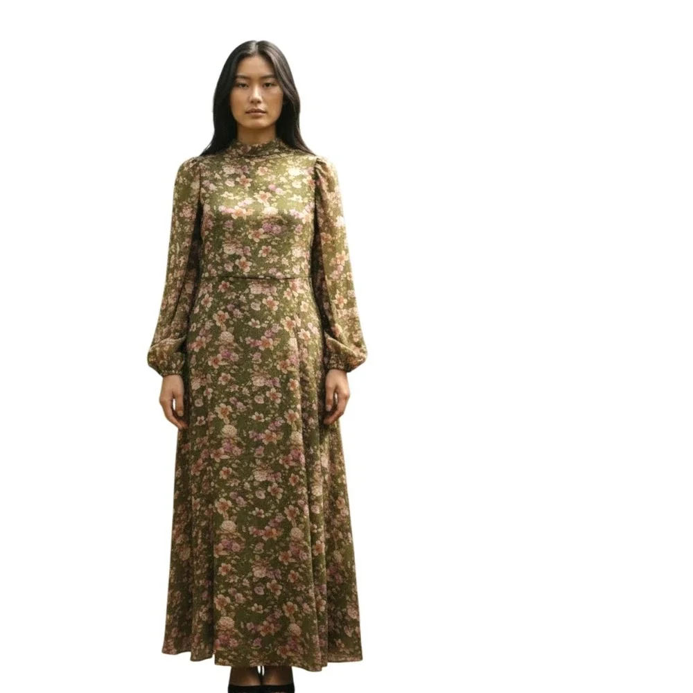 F21‎ Womens Olive Green Floral Open Back Tie Maxi Dress SZ  M Puff Sleeve NWT